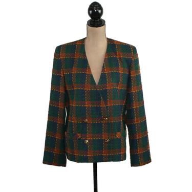 80s Orange & Green Plaid Jacket Women, Medium Shoulder Pad Blazer Double Breasted Fall Winter 1980s Clothes Vintage Clothing Tan Jay Size 10 