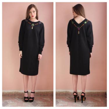 Virtual Garage Sale / Vintage Sweater Dress / Bejeweled Tassel Avant Garde Dress / Oversized V Neck Back Dress / 1980's Dress 