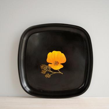 Vintage Couroc of Monterey Yellow Poppy Tray, Mid Century Black Flower Tray, California Poppy Tray 