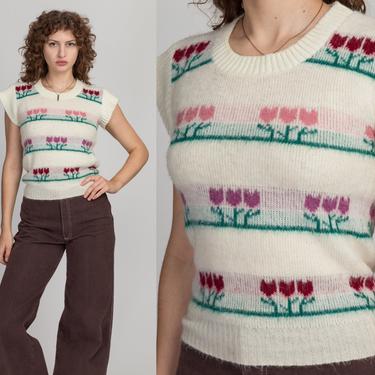 70s Tulip Flower Cap Sleeve Knit Top - Small | Vintage Off-White Girly Sweater Vest Floral Cropped Tank 