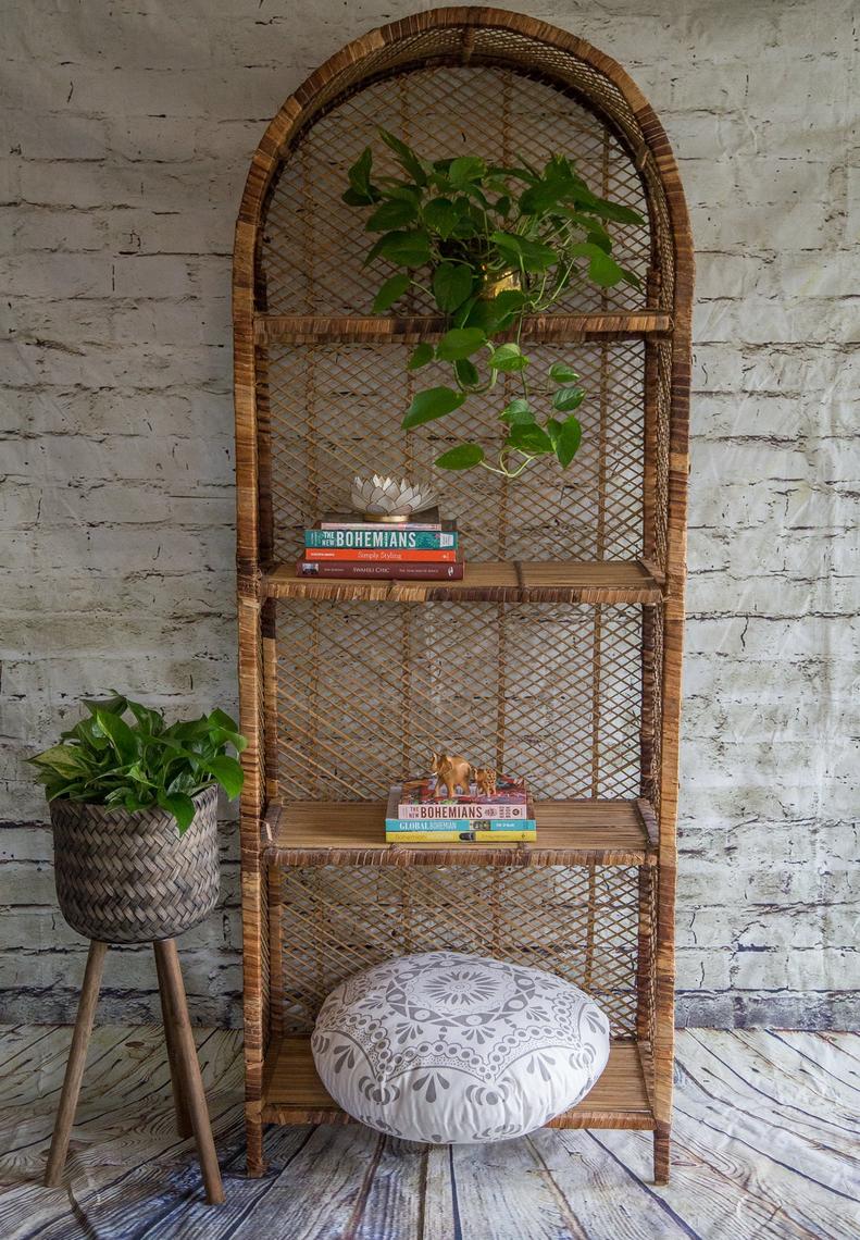 Midcentury Modern Rattan Wrapped Four Shelf Etagere Bookcase