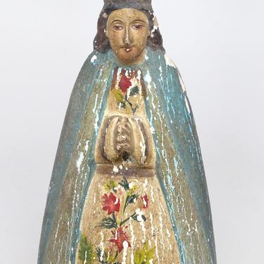Antique  Saint Mary Santos, Polychrome Hand Carved Madonna, Vintage Religious Folk Art, Our Lady Virgin de Guadalupe 