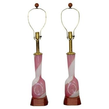 Mid Century Modern Dino Martens Murano Marbro Pair Pink Glass Table Lamps 1970s 