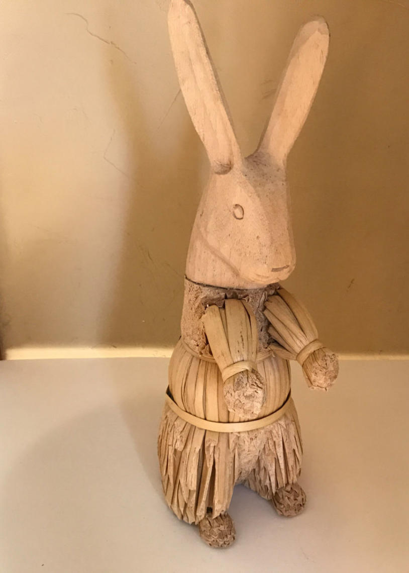 Vintage Corn Husk Wooden Standing Bunny Rabbit FigurineEaster Display