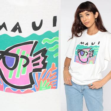 Hawaii Tshirt Maui Shirt Tropical Fish Shirt Graphic Tee Retro 90s Vintage T Shirt 1990s Neon Large L 