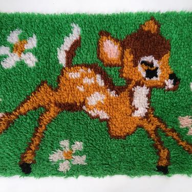 Vintage Bambi Latch Hook Rug, Prancing Fawn With Daisies, Handmade 