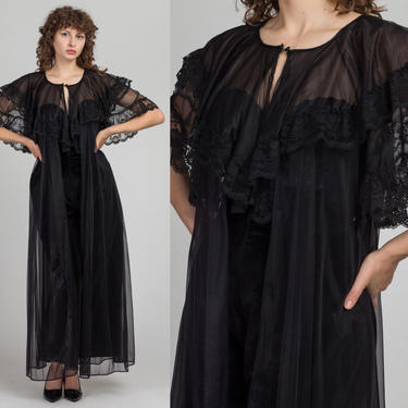 70s Gothic Black Tiered Lace Peignoir - Small to Large | Vintage Sheer Floral Ruffle Trim Retro Long Negligee Maxi Robe 