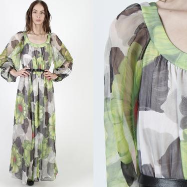 Tropical Floral Chiffon Dress / Long Sheer Puff Sleeves / Big Flower Lightweight Green Maxi Dress / Tropical Print Flowy Full Skirt Dress 