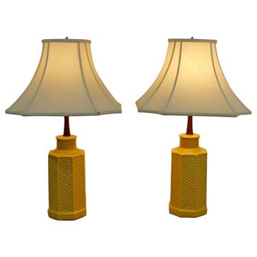 Mid Century Modern Pair of Chinoiserie Yellow Ceramic Table Lamps Asian Shades 