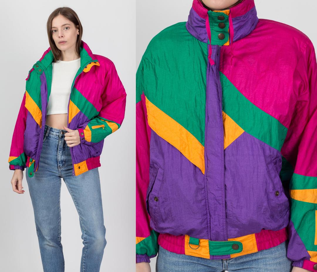 VINTAGE Retro 80's 90's Andy Johns Jacket Women Medium Colorblock Neon  Rainbow