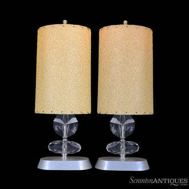 Mid-Century Atomic Glass Diamond Table Lamps w/ Fiberglass Shades - A Pair