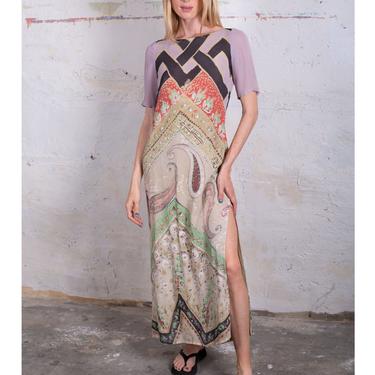Vintage ETRO Pastel Mixed Print Silk Watercolor Dress with Smocked Back and Side Slits Paisley Maxi Smocking S M Abstract 