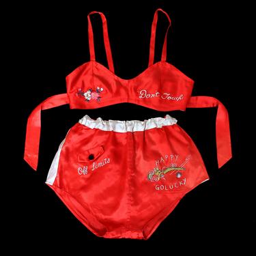 RARE 1940s WWII Lingerie Set / 40s Novelty Bright Red Satin Bra Panties / Embroidered Risque / Dont Touch / Off Limits 
