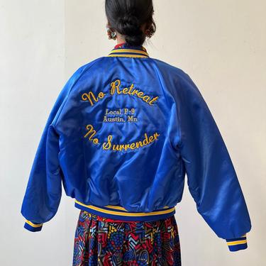 Vintage Royal Blue Nylon Austin, MN Hormel P-9 Strike Varsity Jacket, Circa 1985-86 