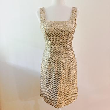 60s Gold and Cream Sequined Wiggle Dress | Extra Small/Small 