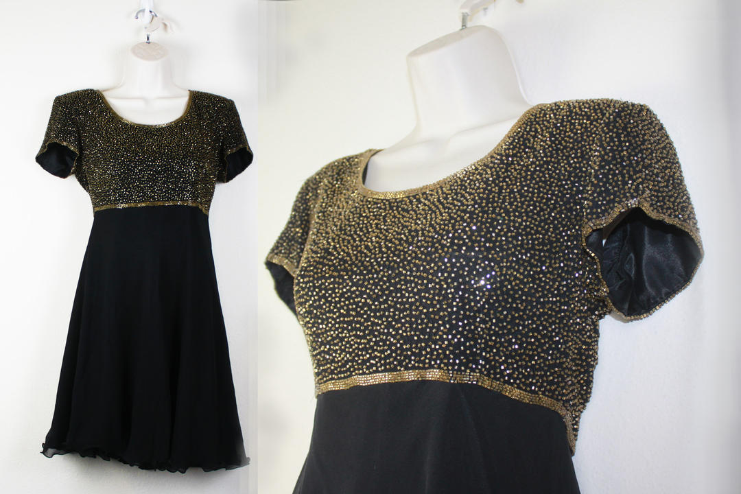 Vintage 1990s Black & Gold Beaded Babydoll Dress, Size Extra Small