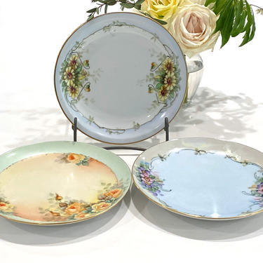3 Vintage Hand Painted Floral Plates Bavaria Lusterware Roses Daisies 