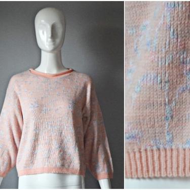 vtg 80s Yarnworks pink pastel + rainbow swirl knit sweater abstract floral | 1980s long sleeve pullover | ribbed trim sweater colorful 