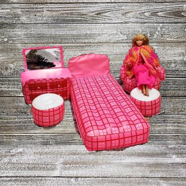 Vintage Inflatable Barbie Bedroom Furniture, Pink Plaid Blow Up Bedroom Set, 5pc Barbie Doll Furniture, 1970s Mattel, Vintage Toys 