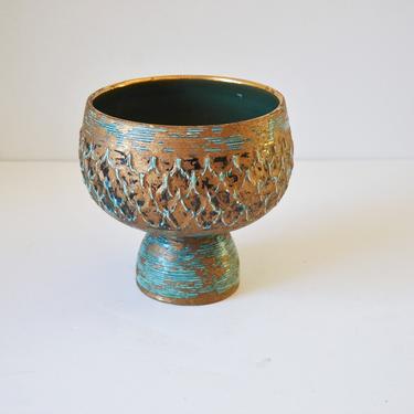 Mid-Century Italian Modern Footed Bowl in gold with turquoise & black glazes - Raymor, Bitossi 