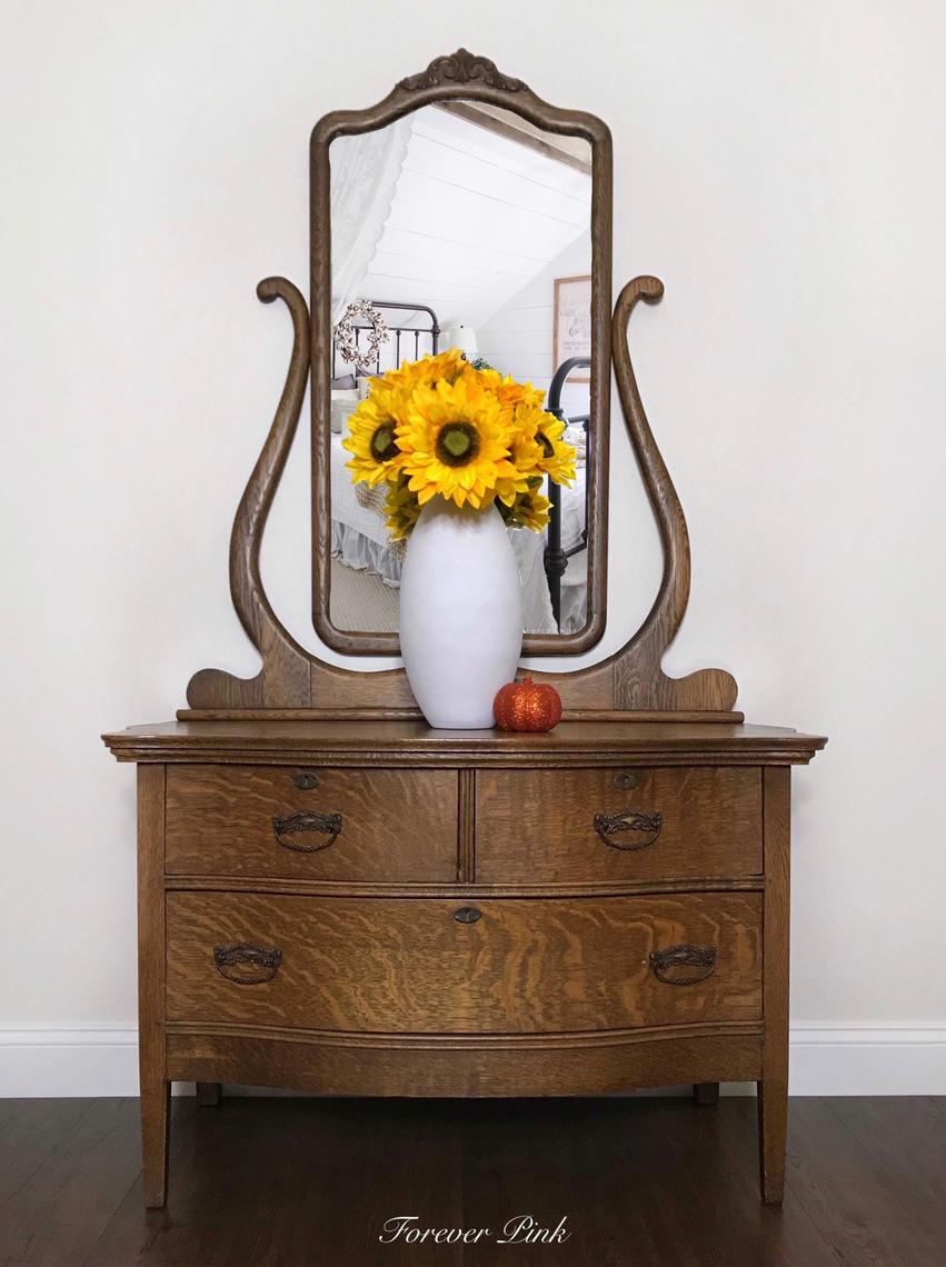 Antique Oak Serpentine Dresser with Harp Mirror Forever Pink Glen