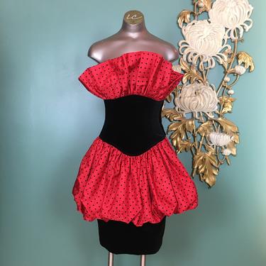 1980s cocktail dress, red and black polka dot, vintage 80s dress, valentines day, statement, peplum, pop up bust, barboglio, velvet formal 