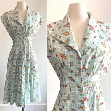 Vintage 40's Style NOVELTY Midi Dress / SPINNING TOP Toys Over Plaid / Pintucked + Wooden Buttons 