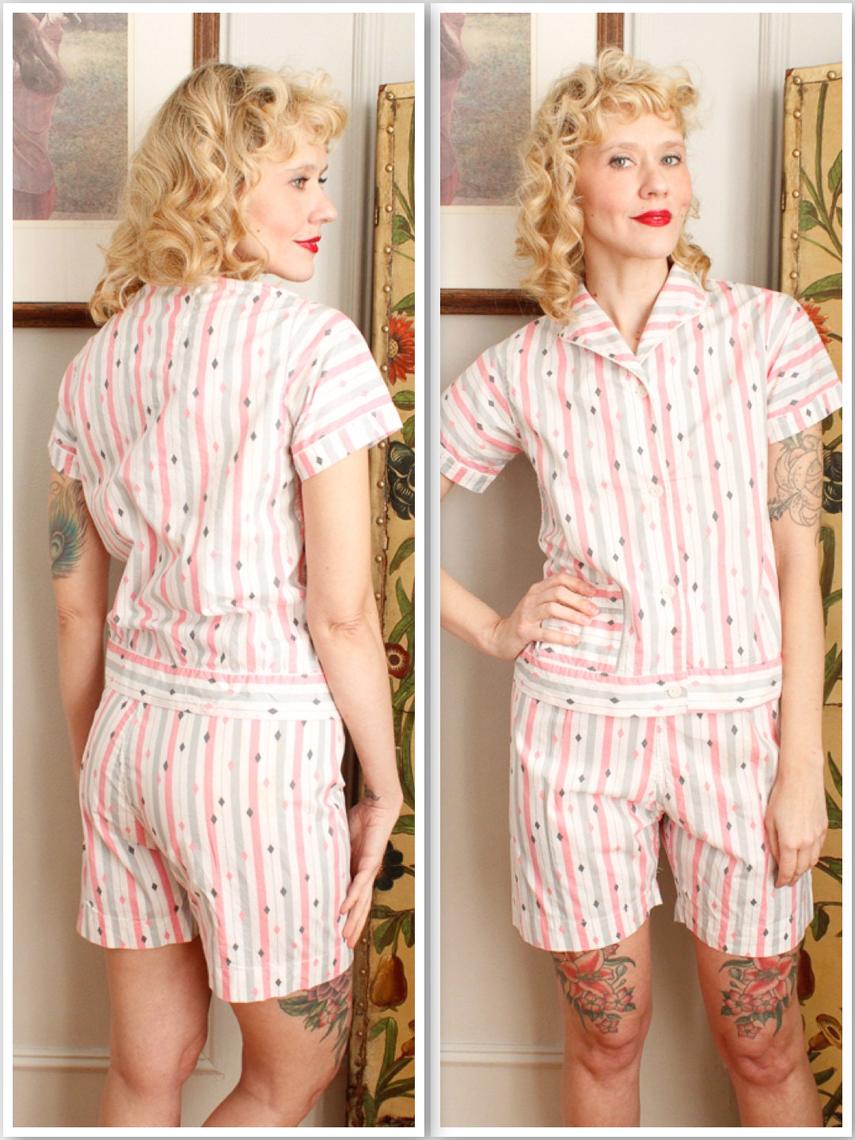 VintageOnHollywood Vintage 1950's Deadstock Atomic Diamond Print Silky Rayon Rockabilly Pj Pajamas Outfit Shirt & Pants Set, Pajama Set, Deadstock, NOS, Atomic