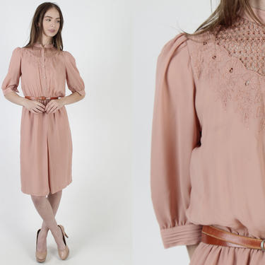 Vintage 70s Mauve Floral Embroidered Dress Sheer Mesh Day Cocktail Party Mini Dress 