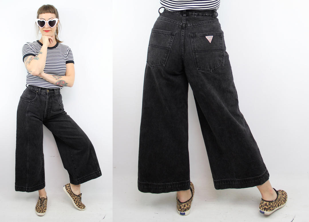 Vintage 90's Black Guess Wide Leg Cropped Denim Jeans / 1990's High