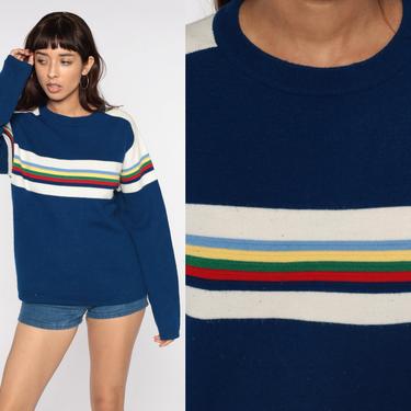 Blue Striped Sweater Knit Raglan Sleeve Sweater 80s Pullover Sweater Retro Knitted Nerd Slouch Jumper Vintage 1980s Knitwear Medium Large 