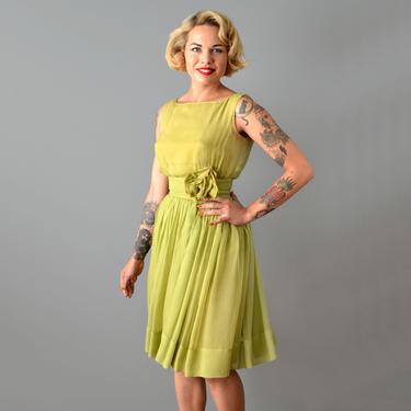 1950s Suzy Perette Party Dress / Green Silk Chiffon Dress / 50s Cocktail Dress / Size Extra Small 