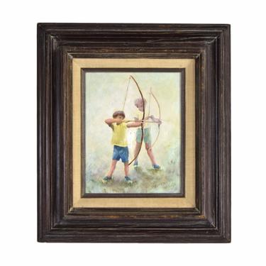 Vintage Oil Painting Two Young Boys with Bows and Arrows Archery 