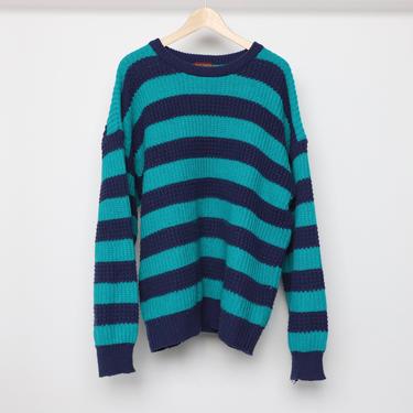 vintage GRUNGE nirvana big stripe 1990s teal & blue striped SWEATER -- size xl 