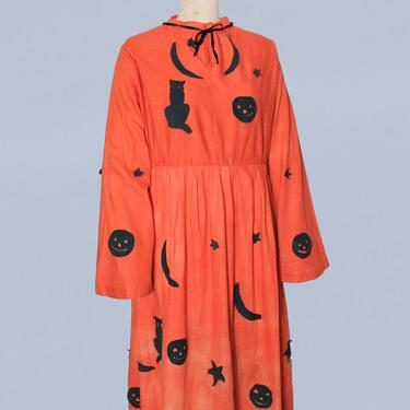 RARE Antique Halloween Dress / 1930s Costume Dress Orange with Black Cats, JackOLanterns, Stars, and Moons 