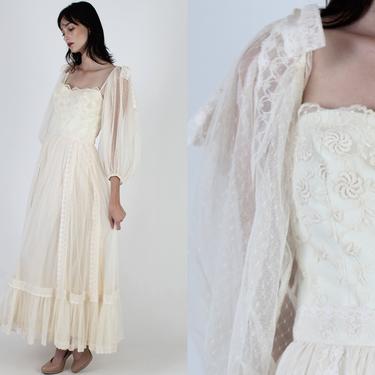 Victor Costa Ivory Lace Wedding Gown / Crochet Embroidered Bodice Bridal Dress / See Through Puff Sleeves / 80s Party Full Skirt Maxi Dress 