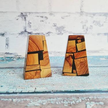 Israili Olive Wood Mosaic Salt and Pepper Shakers. Mosaic Wood, Made in Israel. Mid Century Modern Style 