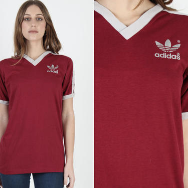 Vintage 80s Adidas Three Stripes T Shirt Burgundy 50 50 Soft T Shirt Trefoil Track Basketball Ringer Mens Tee T Shirt Medium M 