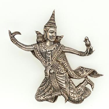 Vintage Sterling Silver Siam Niello Goddess Dancer Pin Brooch Holding Flower 