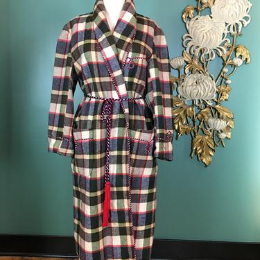 1950s mens robe, wool plaid robe, smoking jacket, vintage 50s robe, size large, tartan robe, 1950s house coat, cockatoo, braided tassels 