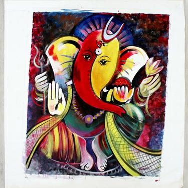 Contemporary Modern Unframed Oil on Canvas Painting Lord Ganesha Signed Mamata 