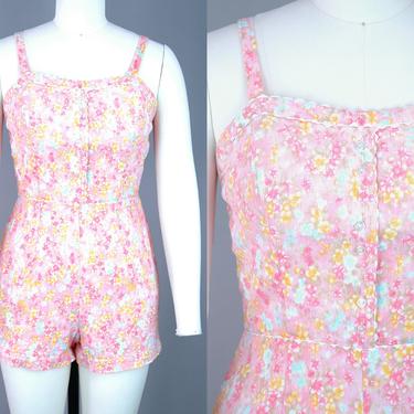 1950s Floral Playsuit | Vintage 50s 60s Pink &amp; Orange Flower Print Romper | small 