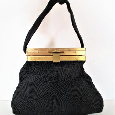 Vintage 50s Black Corde Evening Box Purse, Gold Metal Hinge Lid, Tied Fabric Handle 