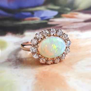 Opal Diamond Ring Victorian 2.02ct t.w. Australian Crystal Opal &amp; Old European Cut Halo Engagement Birthstone Ring 18k Rose Gold 