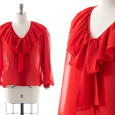Vintage 1970s 1980s Blouse | 70s 80s Sheer Red Chiffon Ruffled Pussy Bow Bishop Sleeve Button Up Top (medium/large) 