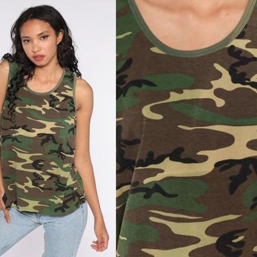 Camo T Shirt Army Tank Top Camouflage Shirt Muscle Tee 80s Green Military Retro Tee Vintage Medium Large 