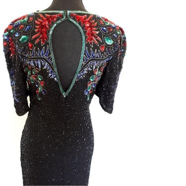Vintage heavily embellished dress, black holiday party sequin dress, black beaded cocktail party dress, full length small s 