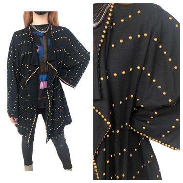 Vintage VTG 1980s 80s Black Knit Gold Studded Duster Jacket 