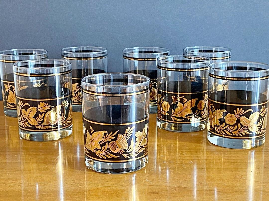 Vintage Cera glassware black & gold floral barware 4 Double old