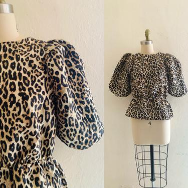 vintage 90's cheetah print top // balloon sleeve peplum blouse 